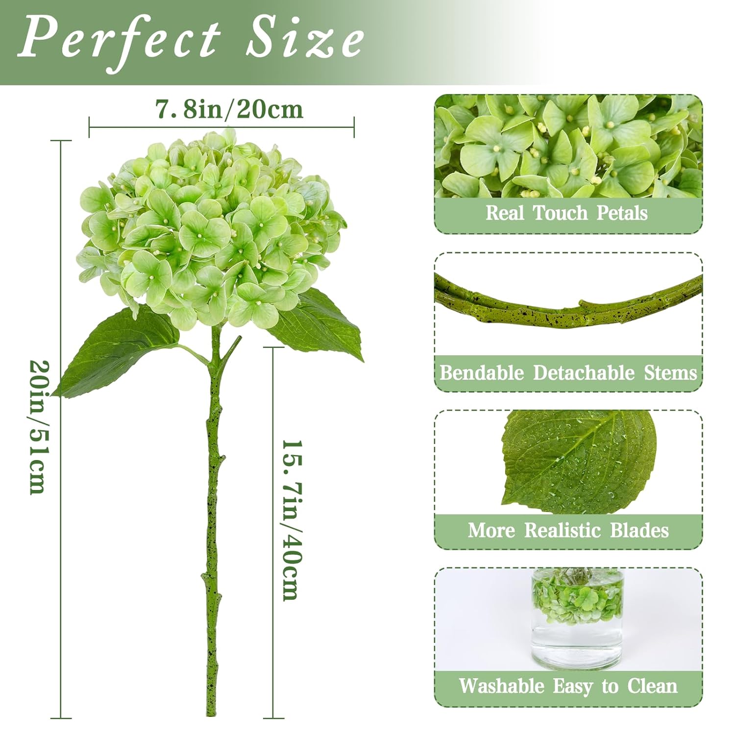 Hydrangea Artificial Flowers, 4Pcs Real Touch Flowers, 20" Faux Hydrangea Flowers, Latex Real Touch Hydrangeas, Fake Flowers For Home Decor Party Bouquet Wedding Decoration, Green