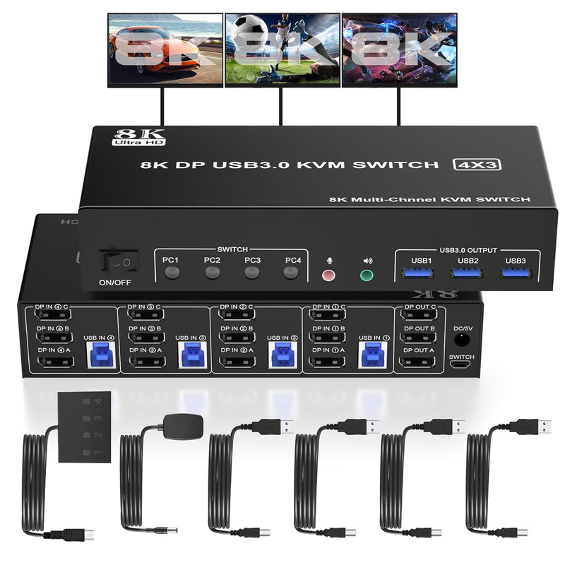 8K Displayport Usb 3.0 Kvm Switch 3 Monitors 4 Computers, Dp 1.4 Triple Monito