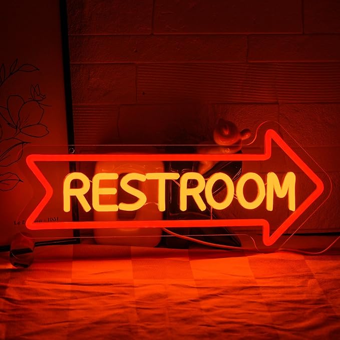 Restroom Neon Sign with Arrow USB Dimmable LED Bathroom Wall Light for Home Bar Hotel