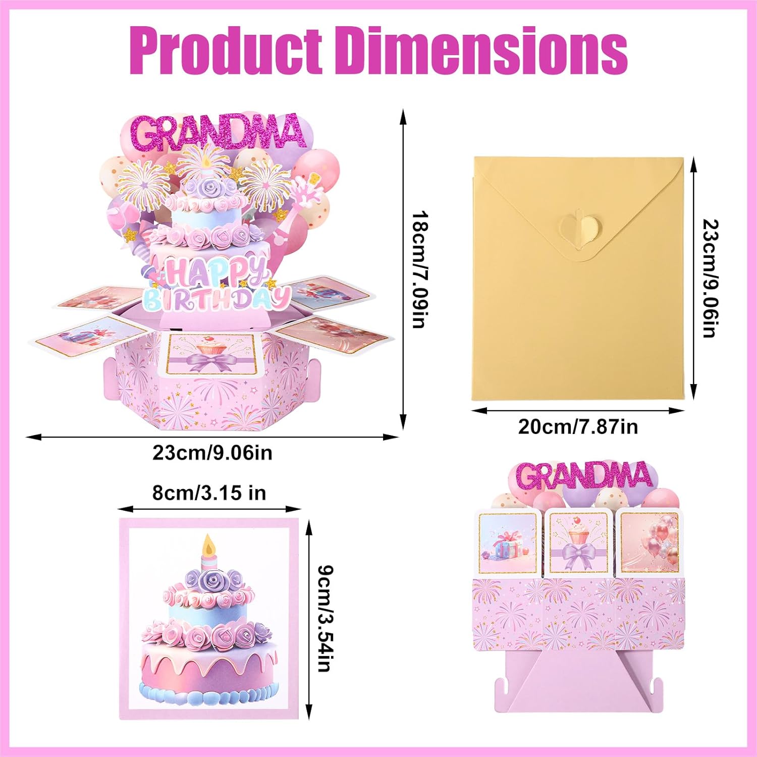Happy Birthday Grandma Pop Up Card, 3D Creative Greeting Box With Envelope & Extra Note Card Ideal Birthday Decoration Gift Supplies For Granny Nana