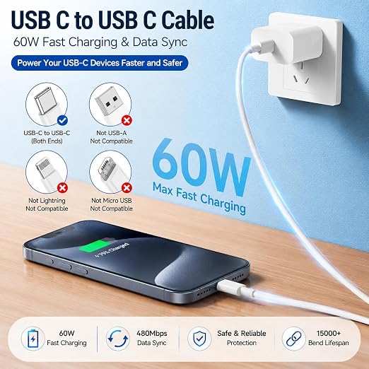 3 Pack 6FT 60W USB C to USB C Cable PD 3.0 Fast Charging Cord for iPhone Samsung