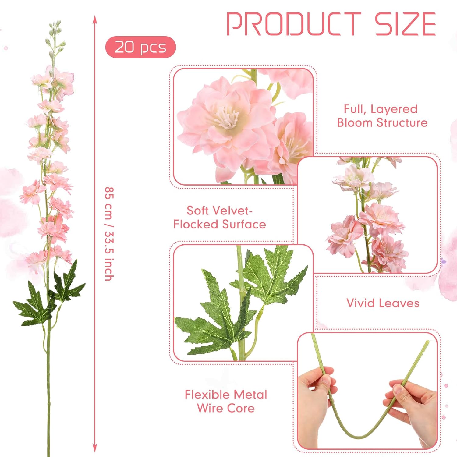 20 Pcs Delphinium Artificial Flowers - 33.5'' Long Stem Faux Flower Bulk - Fake Silk Delphinium Look Real Larkspur Flower For Valentine Tall Vase Wedding Home Table Decor(Pink)
