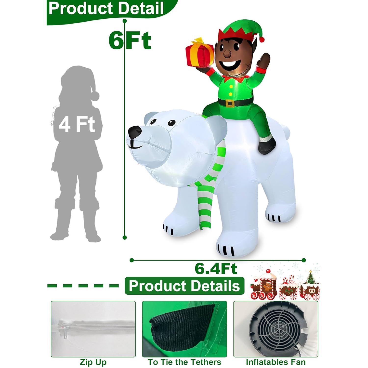 Christmas Inflatable Decorations Outdoor - 6 Ft Ht X 6.4 Ft L Christmas Black Santa Elf Riding The Polar Bear Built-In L