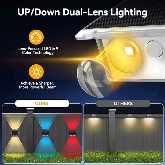 6 Pack Solar Fence Lights RGB Color Changing Up Down LED Wall Patio Backyard Lights