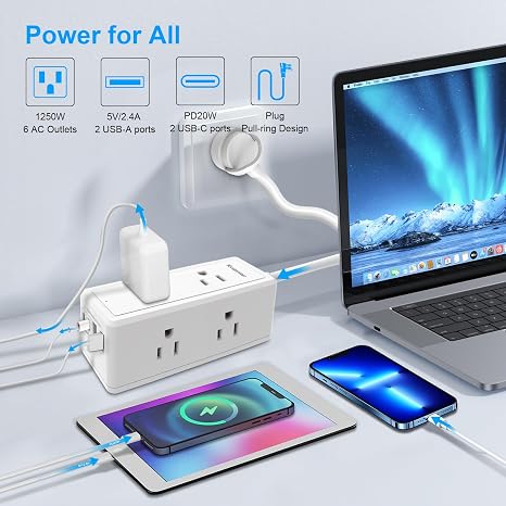 2 Pack White Power Strip Surge Protector with 6 Outlets and USB C Ports for Home Office