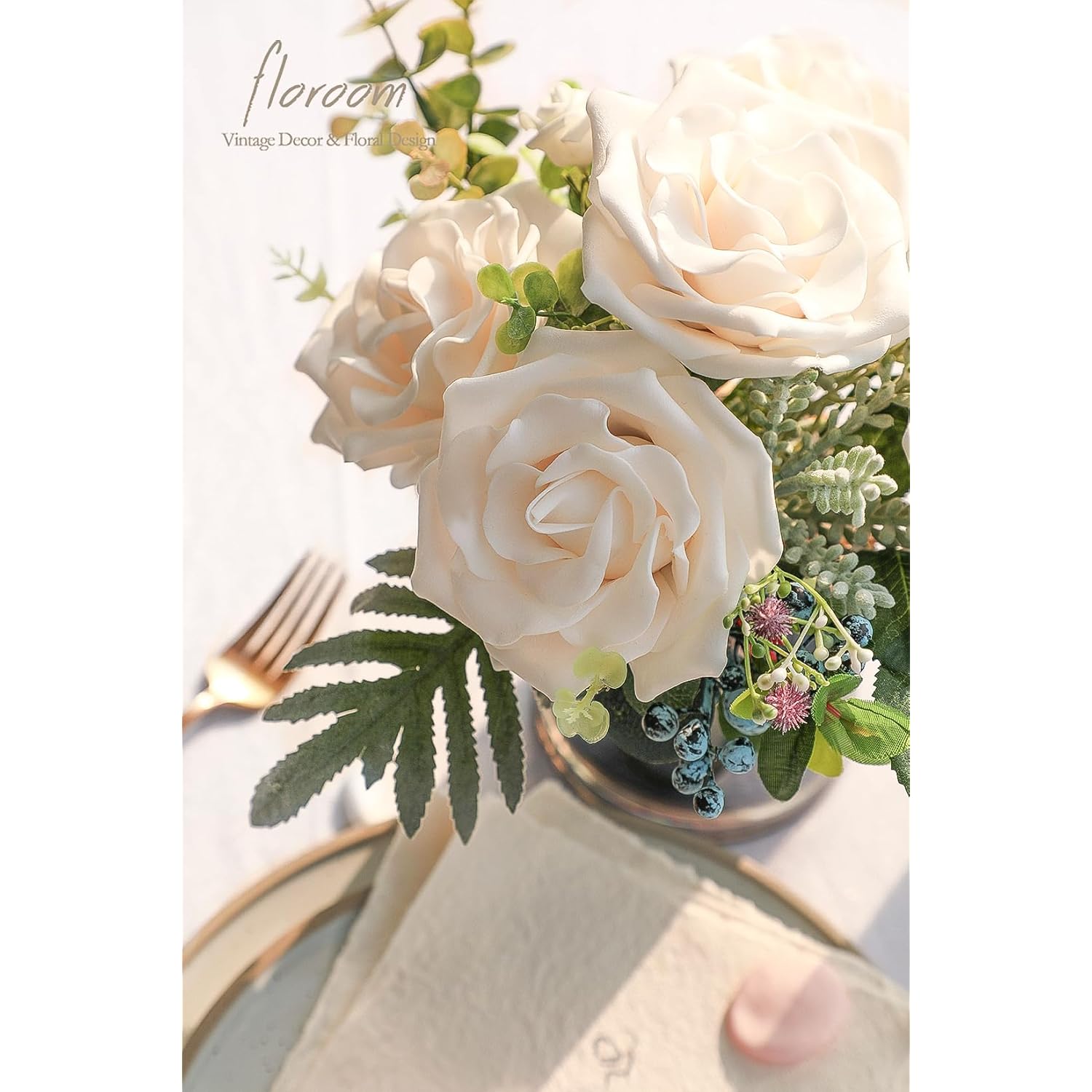 Artificial Flowers 16Pcs 3.5" Real Looking Cream Foam Fake Avalanche Roses With Stems For Diy Wedding Bouquets Bridal Shower Centerpieces Floral Arrangements Party Tables Home Decorations