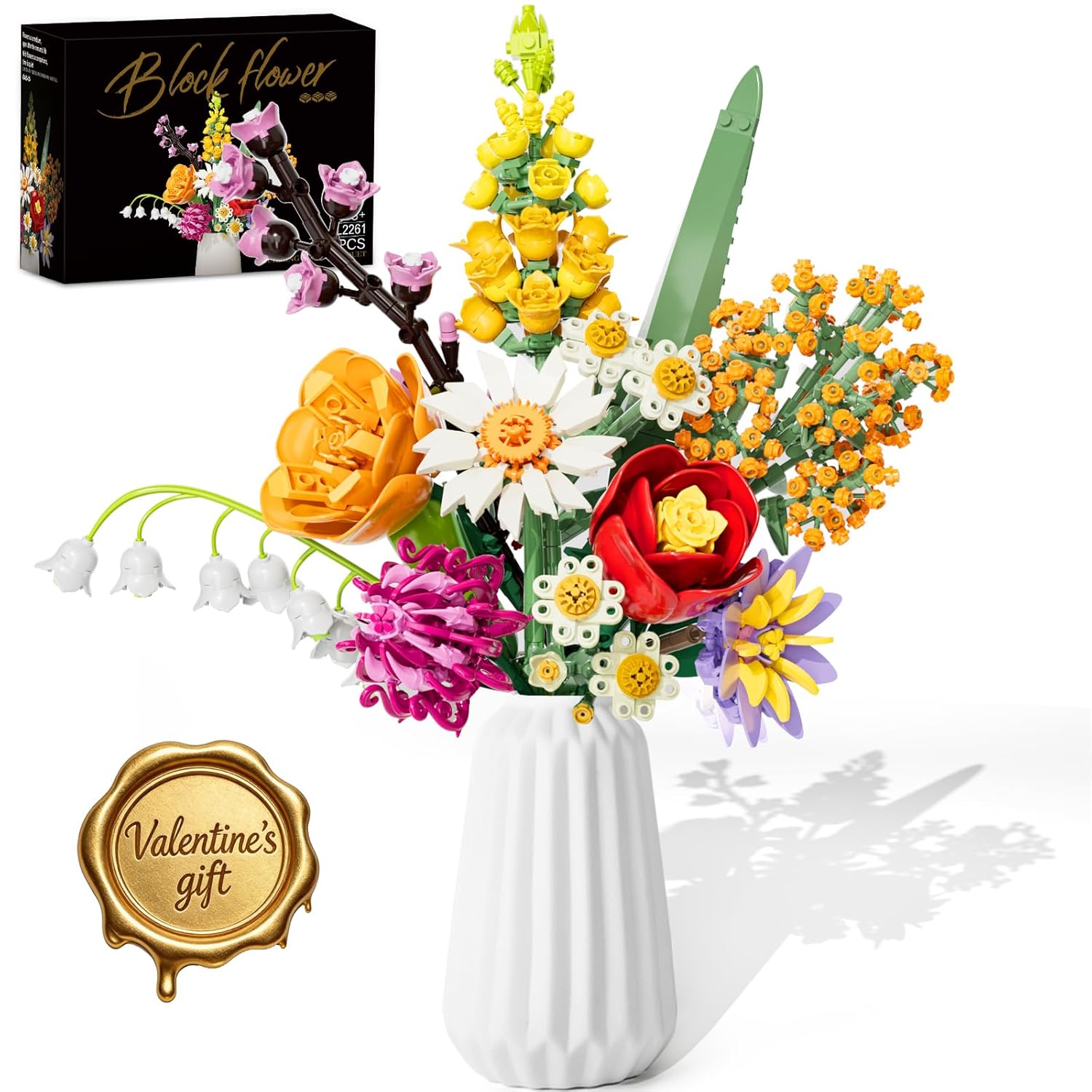 Flowers Bouquet Building Set, 1070Pcs Artificial Plant Flower Kit Toy For Adults Kids Women Her, Wildflower Botanical Collection, Home Decor Gift For Birthday, Christmas, Valentines (No Vase)