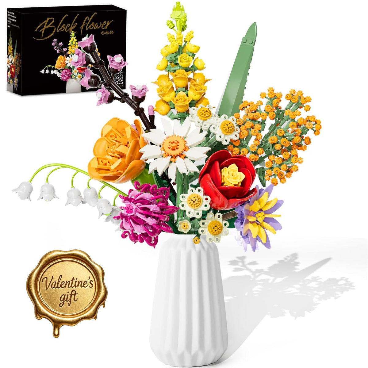 Flowers Bouquet Building Set, 1070Pcs Artificial Plant Flower Kit Toy For Adults Kids Women Her, Wildflower Botanical Collection, Home Decor Gift For Birthday, Christmas, Valentines (No Vase)