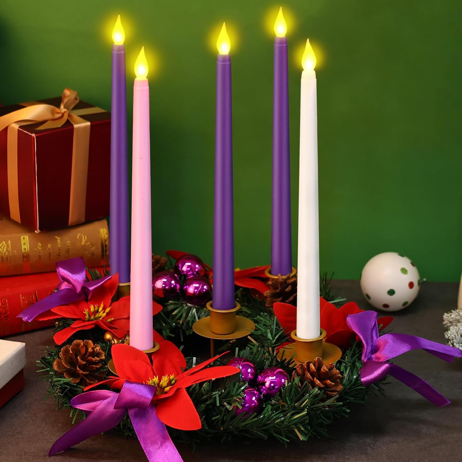 11Inch Christmas Advent Wreath 5 Flameless Taper Candles Set, Advent Wreath With Ribbon Pine Cones Poinsettias Purple Pink White Flameless Advent Candles For Christmas Centerpiece Table Xmas Decor