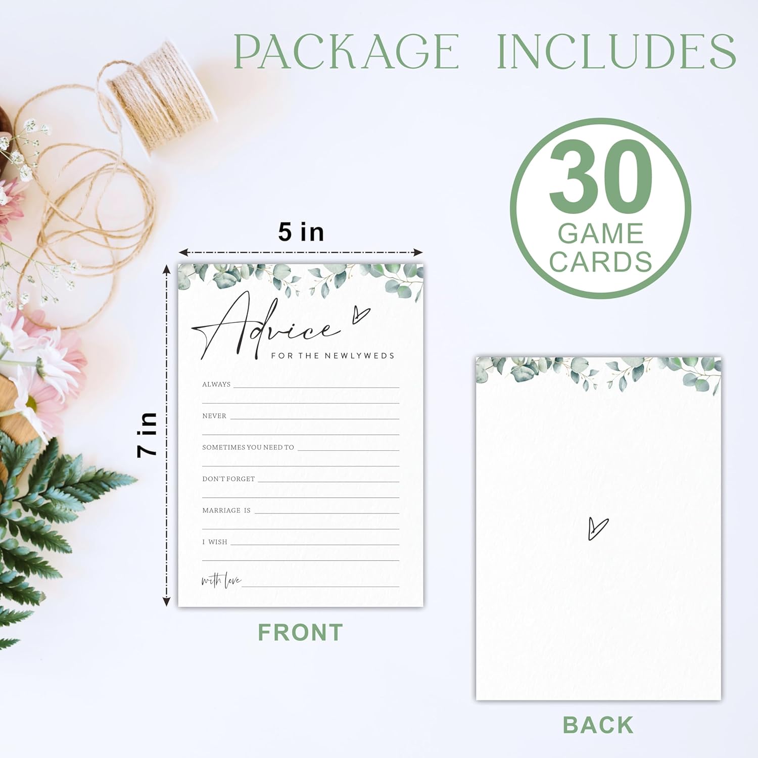 Advice For The Newlyweds Bridal Shower Game - Greenery Eucalyptus - 30 Pcs Double-Sided Fill-In Wedding Game Cards For Newlyweds, Engagement Party Activities & Decorations -B07