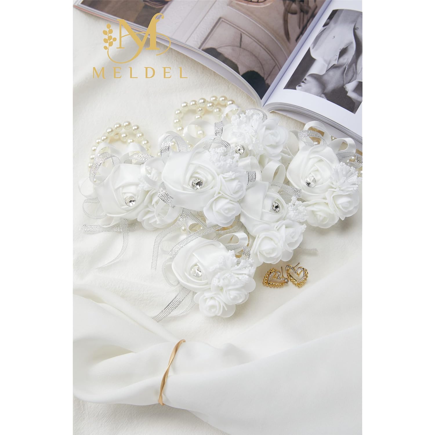 White Wrist Corsages For Prom, Set Of 6, Rose Wedding Wrist Corsage For Bridal Bridesmaid Girl Women, Fake Wrist Flower For Mother Of Bride, Artificial Hand Flower For Homecoming Anniversary
