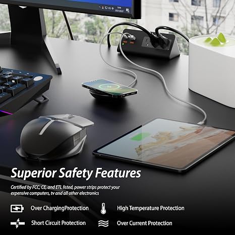 Desk Edge Clamp Mount Power Strip with USB C and AC Outlets 5 Foot Cord
