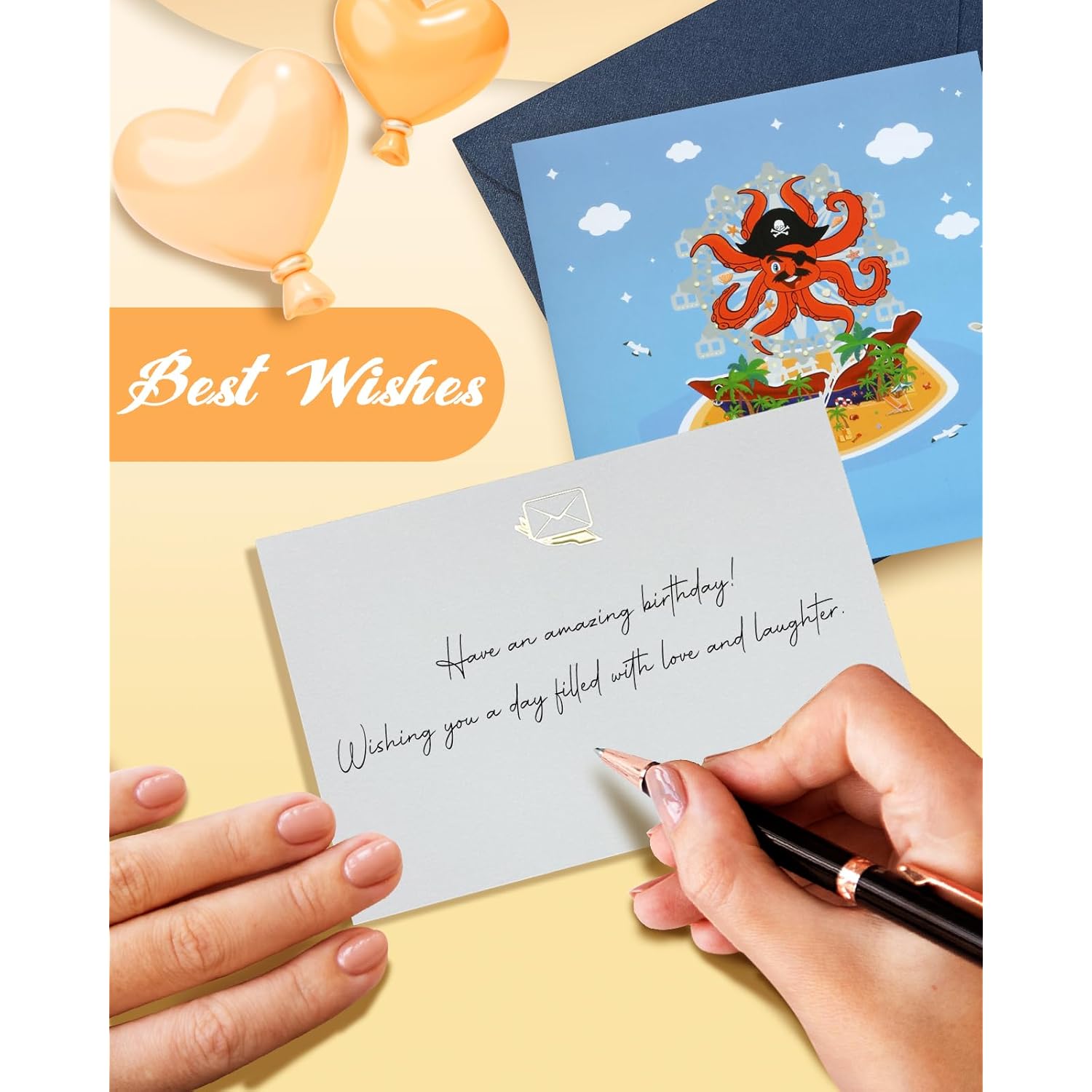 Octopus Pop Up Card With Envelope - Cool Pirate Captain Fun 3D Card For All Occasion Birthday Christmas Valentines Easter With Blank Note, Surprise Gifts For Boys Kids Son Brother Friends