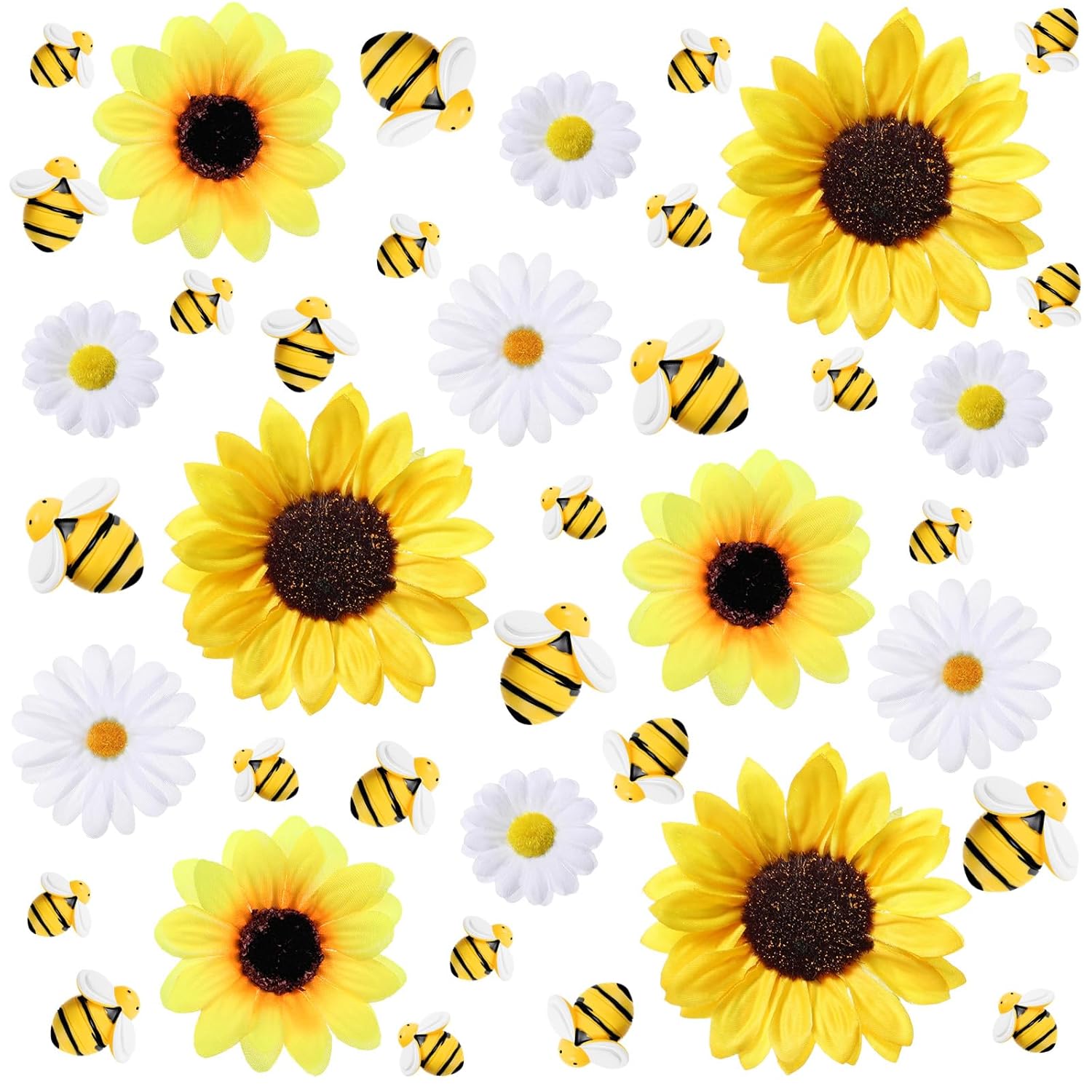 165Pcs Artificial Sunflower Heads Tiny Bees Craft Decoration 2.8"And 3.9" Sunflower Fabric, 1.6" And 2.4" Mini Fabric Daisy Flower Heads Bulk For Summer Art Diy Craft Home Beehive Party Wedding