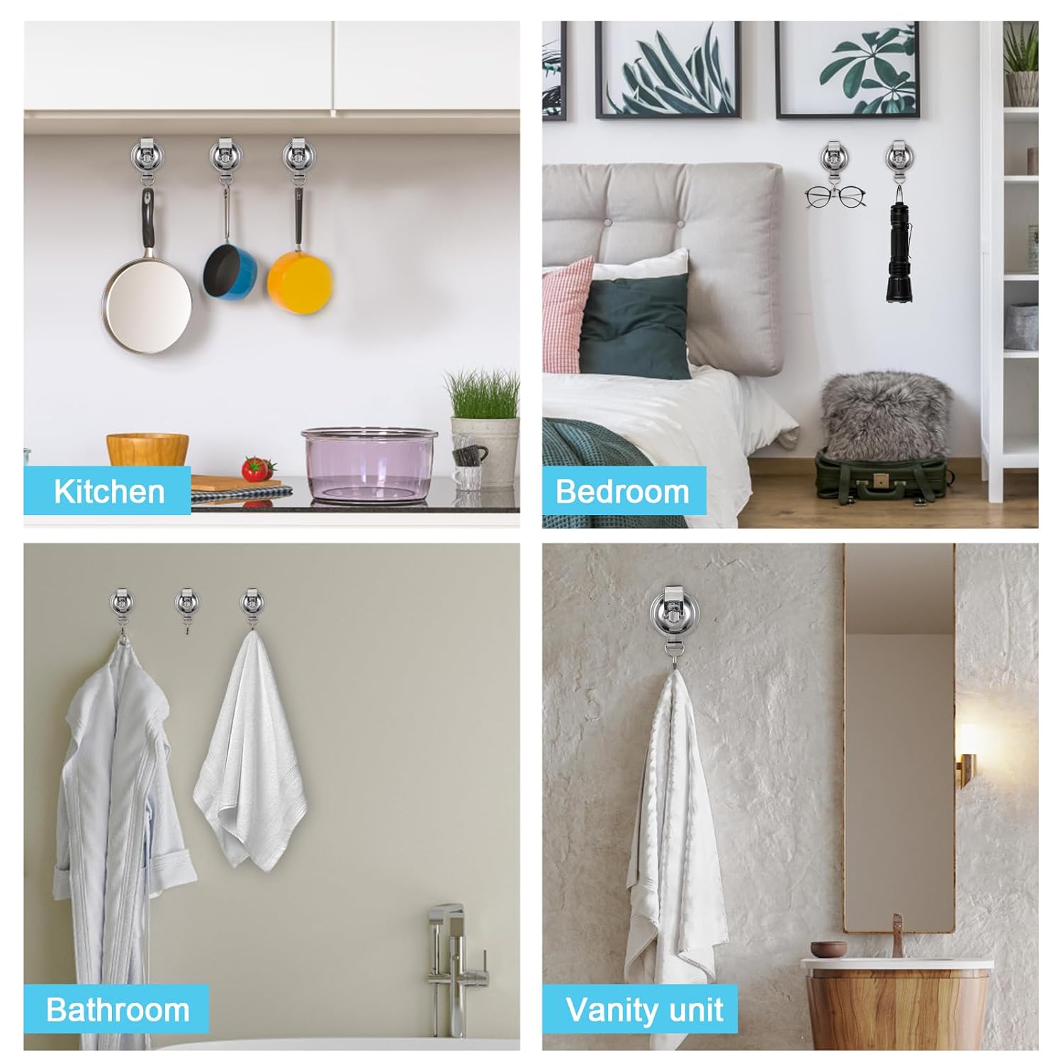 Suction Cup Hooks For Shower, Bathroom, Kitchen, Glass Door, Mirror, Tile – Loofah, Towel, Coat, Bath Robe Hook For Garland Decoration – Waterproof Wreath Hanger (2Pack, Silver)