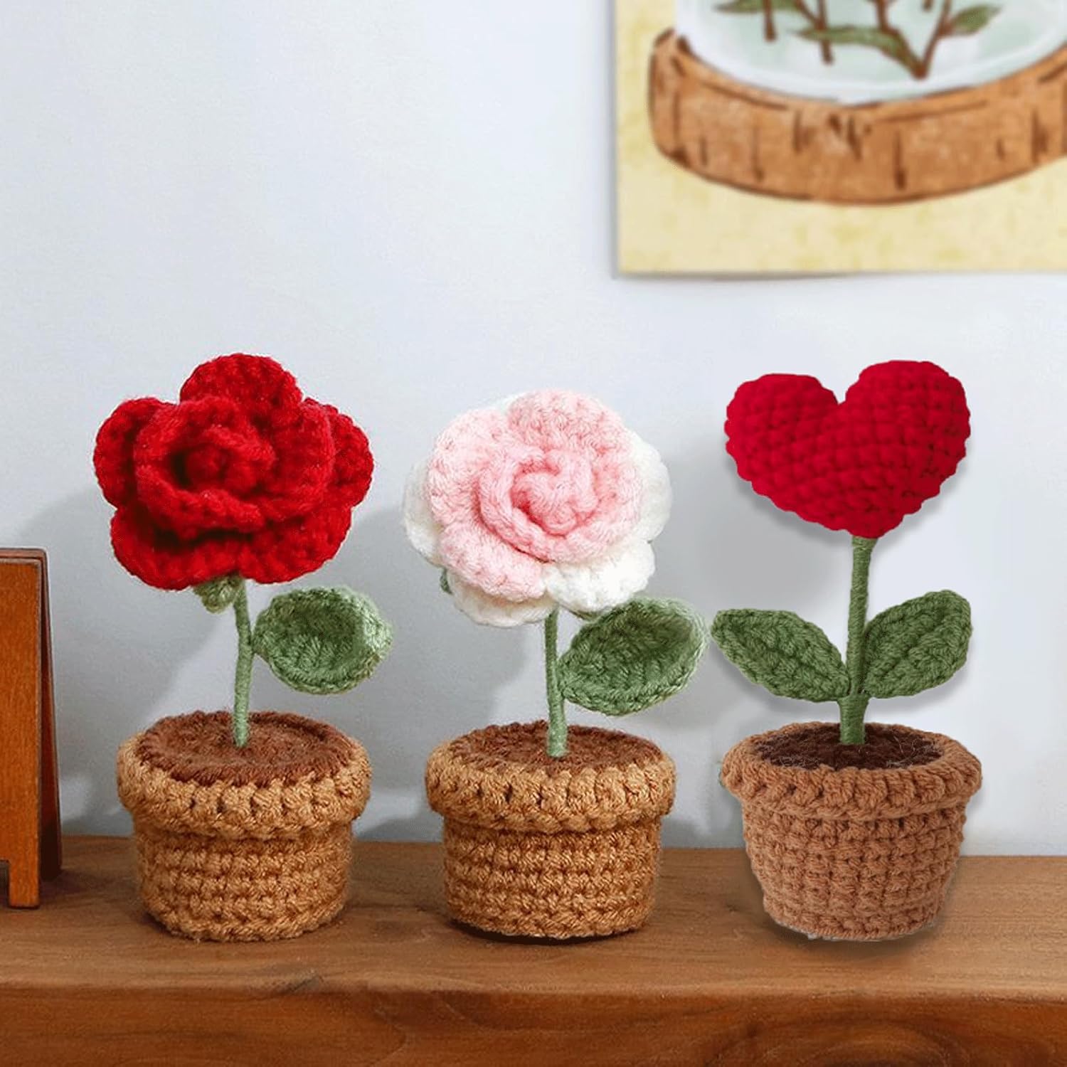 2Pcs Crocheted Rose Bouquet, Red Heart Handmade Crochet, Knitted Fake Flowers, Rose Artificial Desk Flowers For Valentine’S Day Home Kitchen Rustic Table Centerpiece Decor Gifts