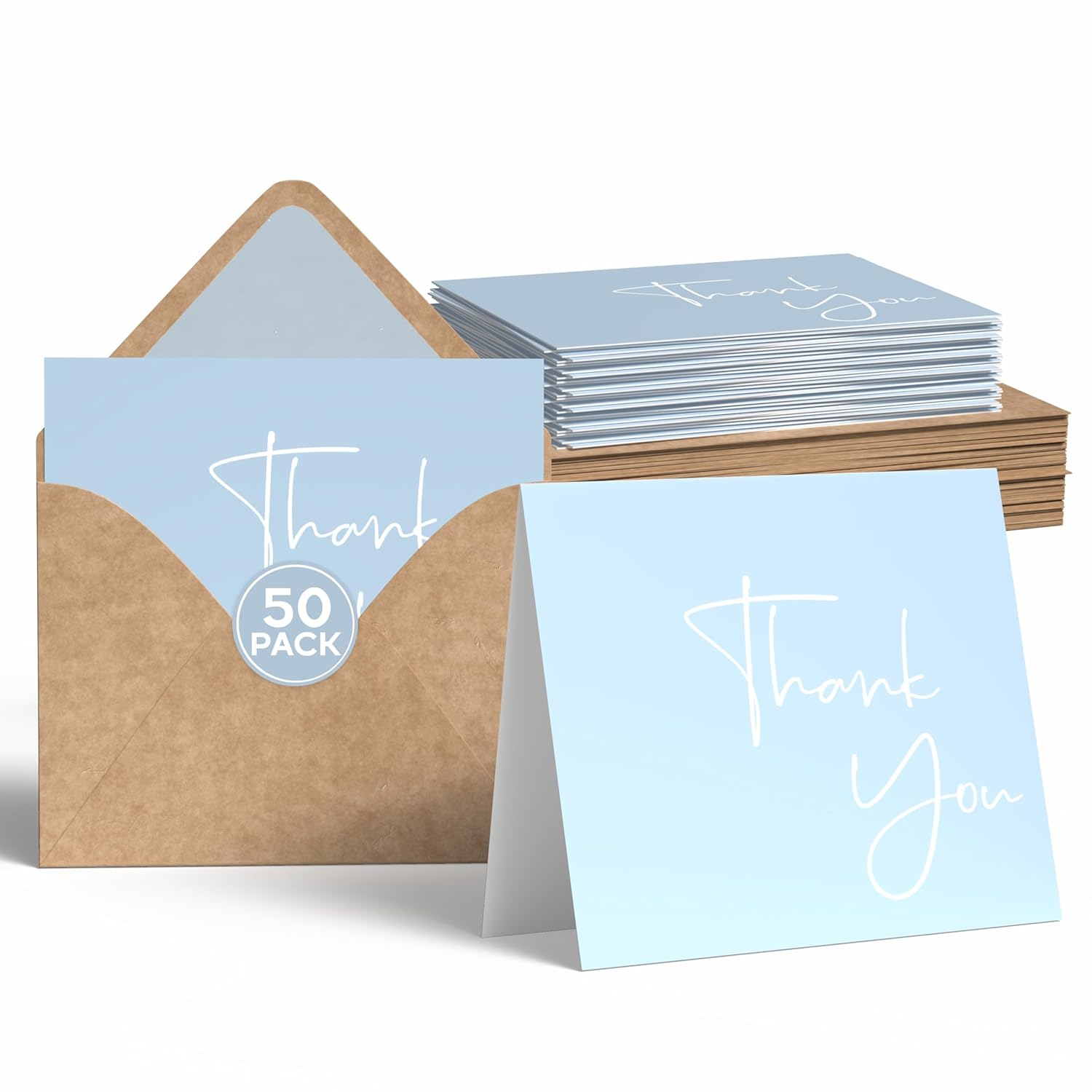 50 Pack Thank You Cards With Envelopes, Stickers, 3.5X5 Inch Blank Thank You Notes - Bulk Box Set Notes For Graduation, Wedding, Small Business, Baby & Bridal Shower Card - Light Blue