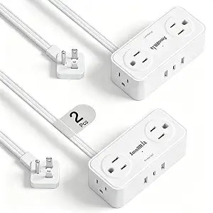 Flat Plug Power Strip 4 Outlets 4 USB Ports 2 Pack 3.3FT Extension Cord Travel Cruise Essentials White