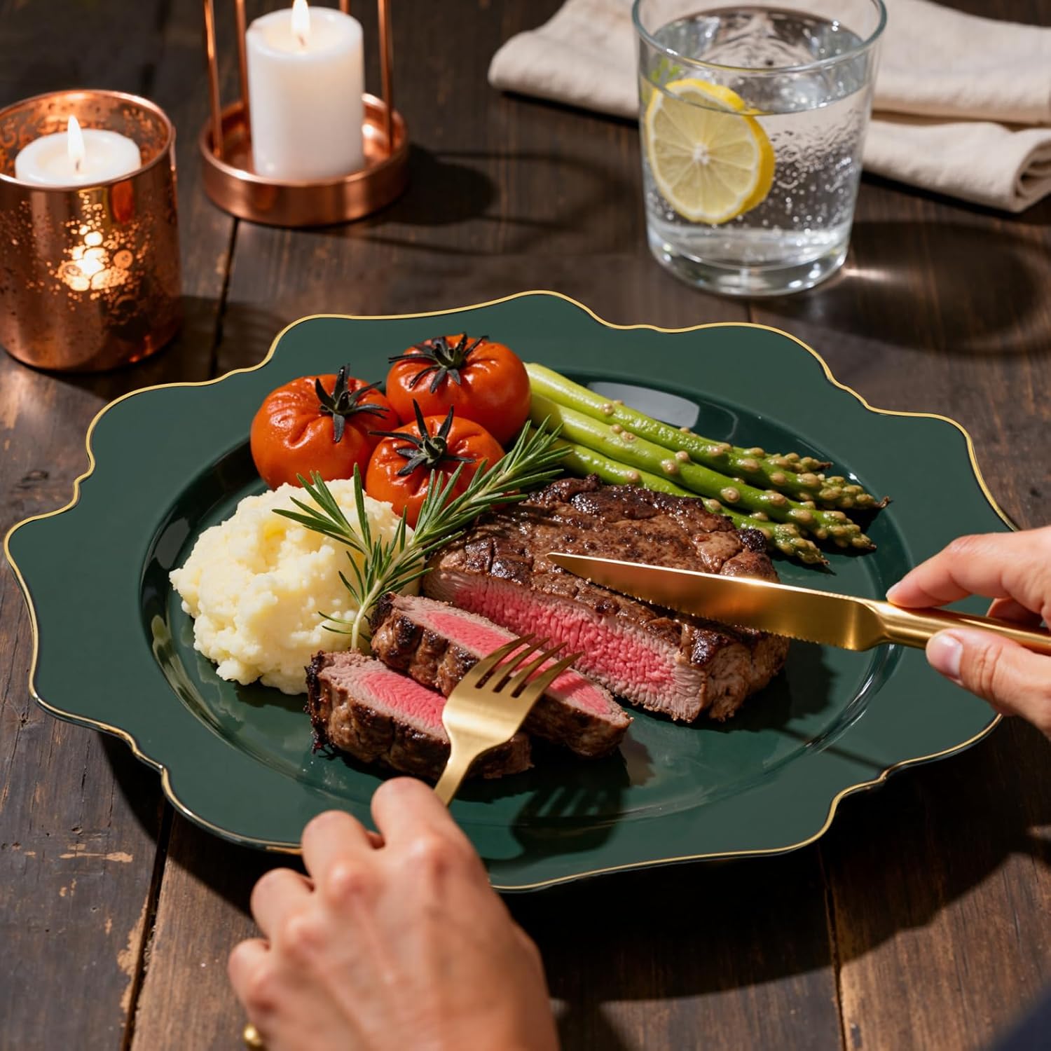 175Pcs Green Plastic Plates - Green Plates Disposable With Gold Rim - Christmas Plastic Plate - Fancy Disposable Dinnerware Sets 25 Guests Ideal For Christmas/Party/Wedding