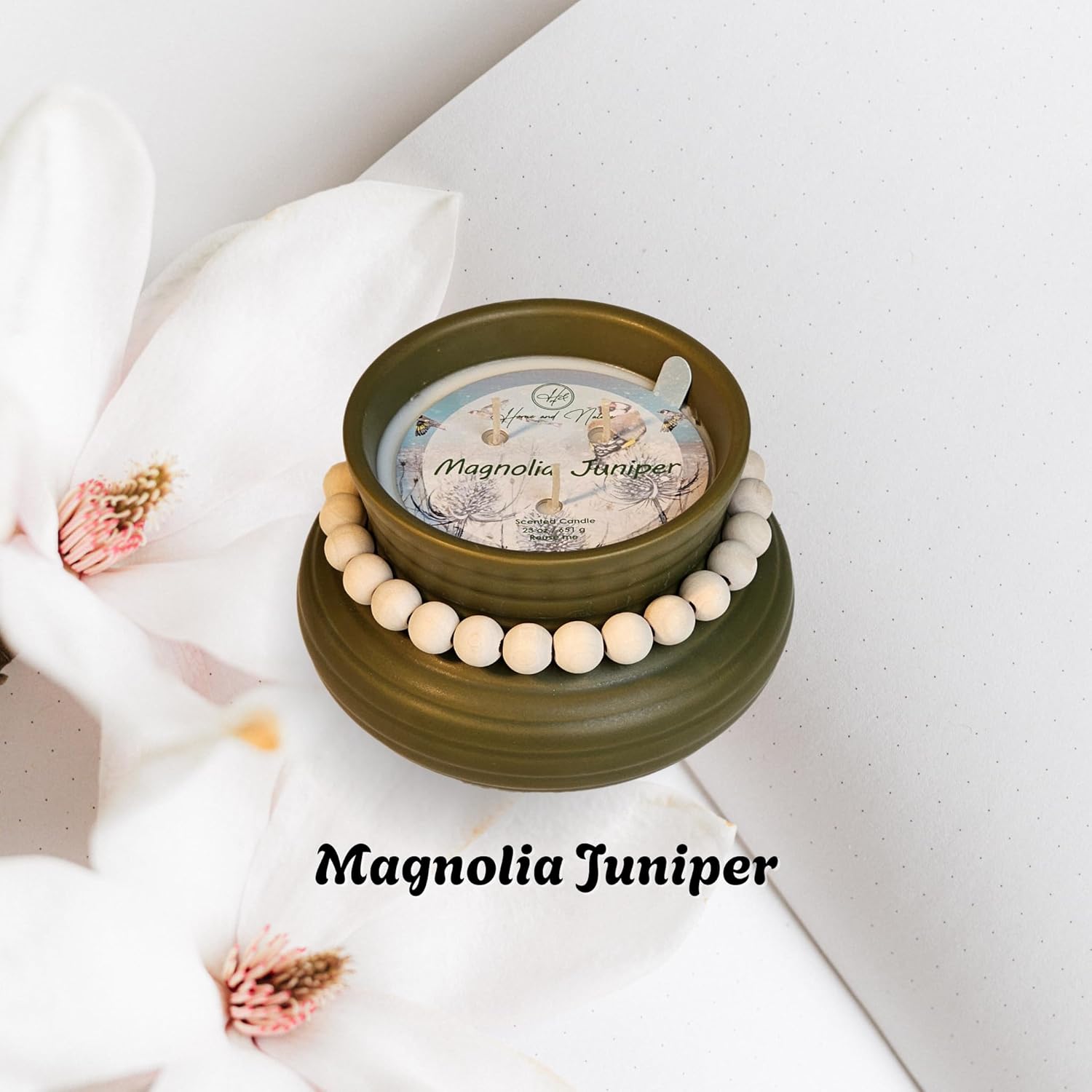 Magnolia Juniper Scented Candle – 23Oz Green Ceramic Jar With Wooden Bead Accent– 12H, Smokeless - Premium Paraffin And Palm Wax, Cotton Wick – Aromatherapy Gift For Home Relaxation