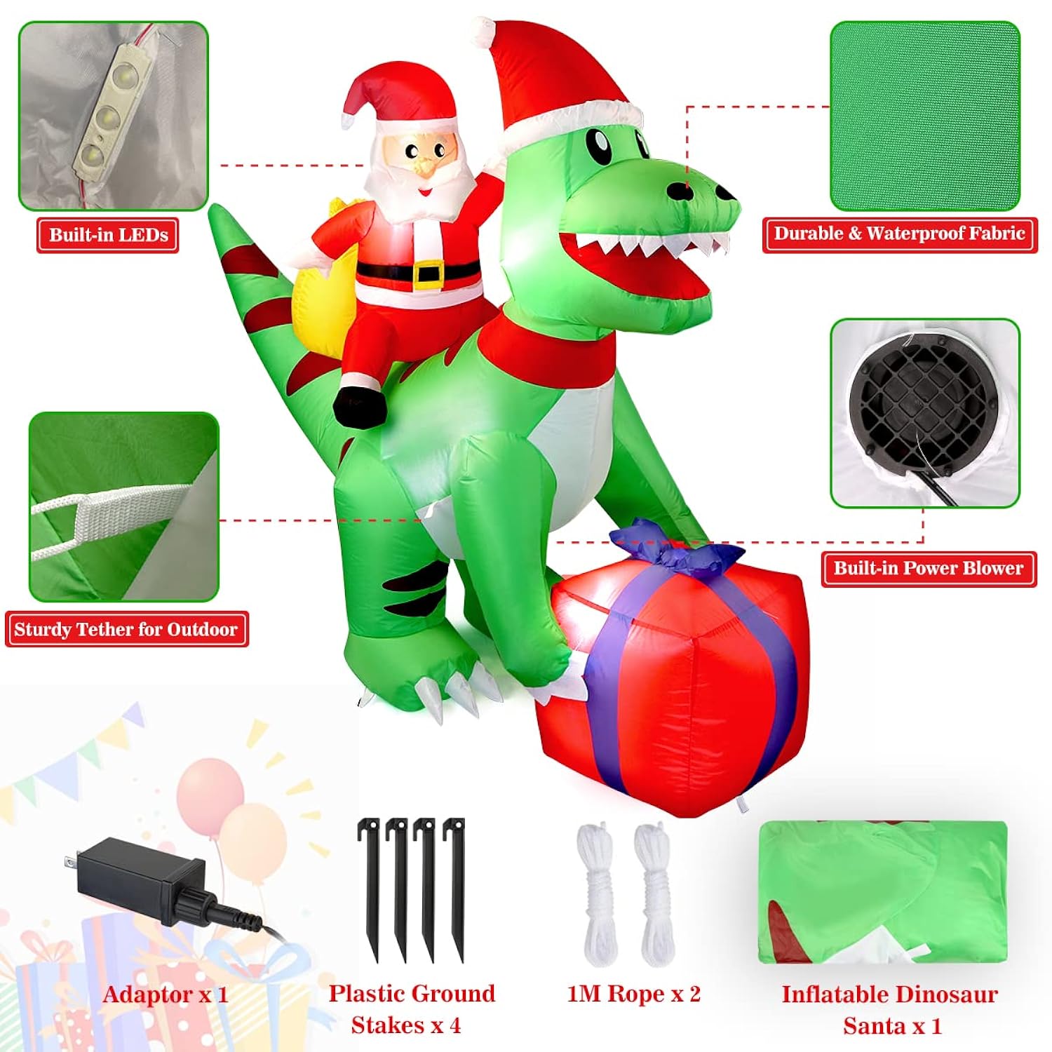 5Ft Christmas Inflatables Dinosaur Santa Claus, Indoor/Outdoor Deco, Blow Up Dinosaur Santa Decoration With Built-In Led