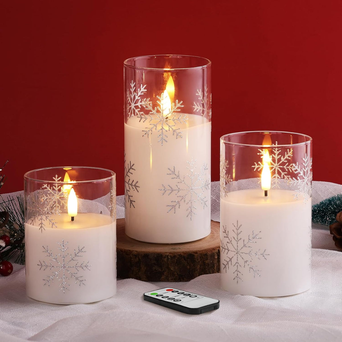 Clear Snowflakes Christmas Flameless Candles With Remote, Flickering Battery Led Pillar Candles Set Of 3