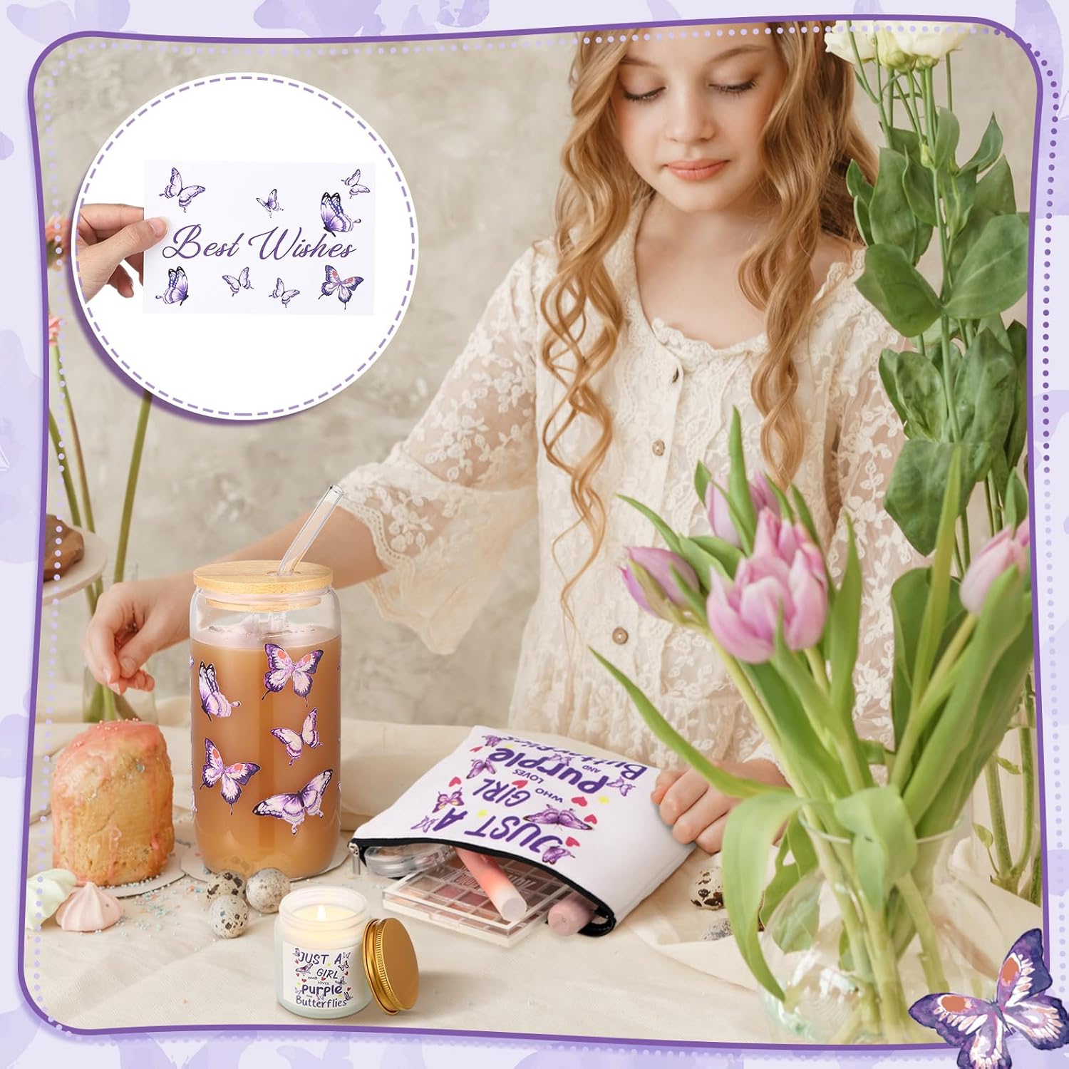 Purple Butterfly Gifts Set Of 6 Butterfly Makeup Bag Scented Candle Glass Cup With Lids And Straws Sock Greeting Card Pen For Women Lady Mothers Day Wife Girlfriend