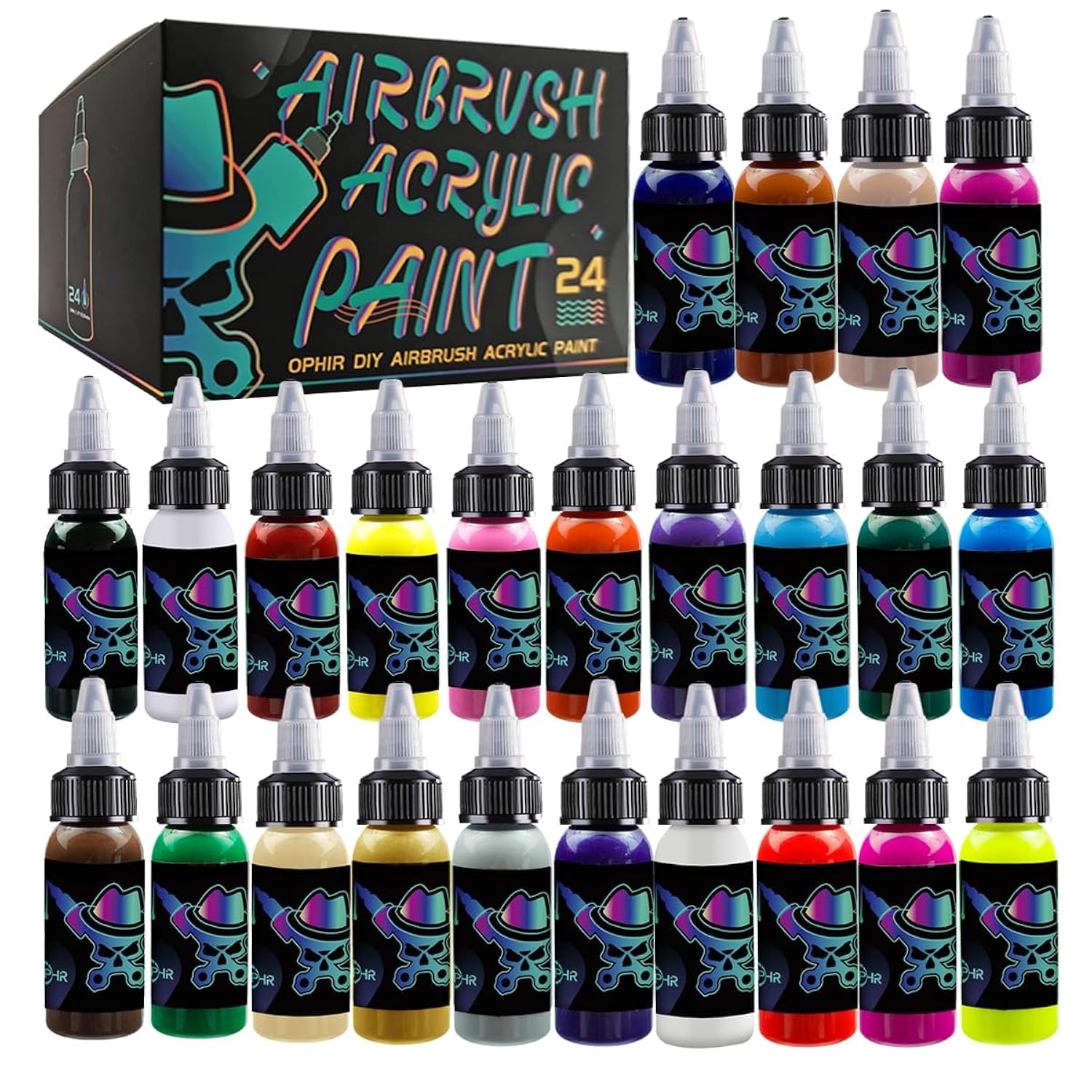 Acrylic Airbrush Paint, Fabric Airbrush Paints For Shoes, Model Hobby, Crafts, Leather Painting-Water Based 24 Opaque Colors Air Brush Painting Set, 1.05 Oz/Bottle