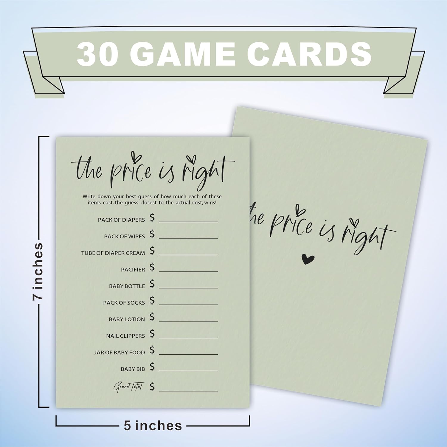 The Price Is Right Baby Shower Game Set - Minimalism Moss Green - 30 Double-Sided Fill In Style Game Cards, Gender Reveal, Baby Announcement, Party Favor & Supplies - A10
