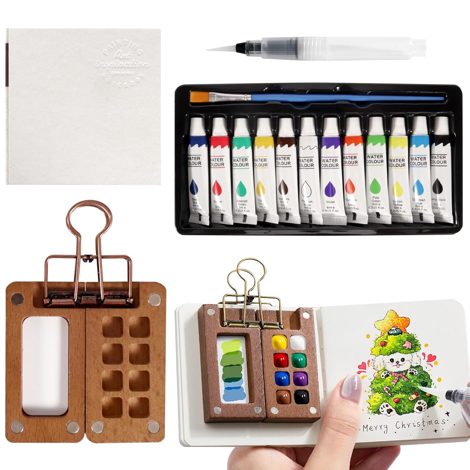 Mini Watercolor Paint Set Paint Palette Travel Kit Pocket Artist Water Color Travel Set With Colours, Binder Clips, Watercolor Pens, Wooden Paint Box For Painters Artists Students