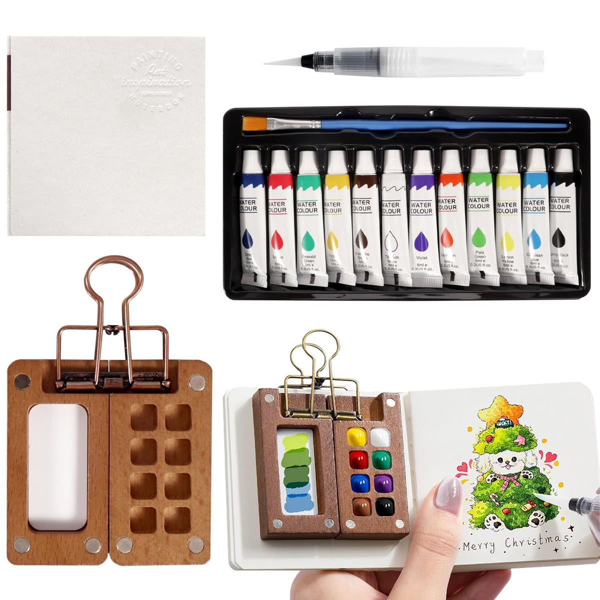 Mini Watercolor Paint Set Paint Palette Travel Kit Pocket Artist Water Color Travel Set With Colours, Binder Clips, Watercolor Pens, Wooden Paint Box For Painters Artists Students