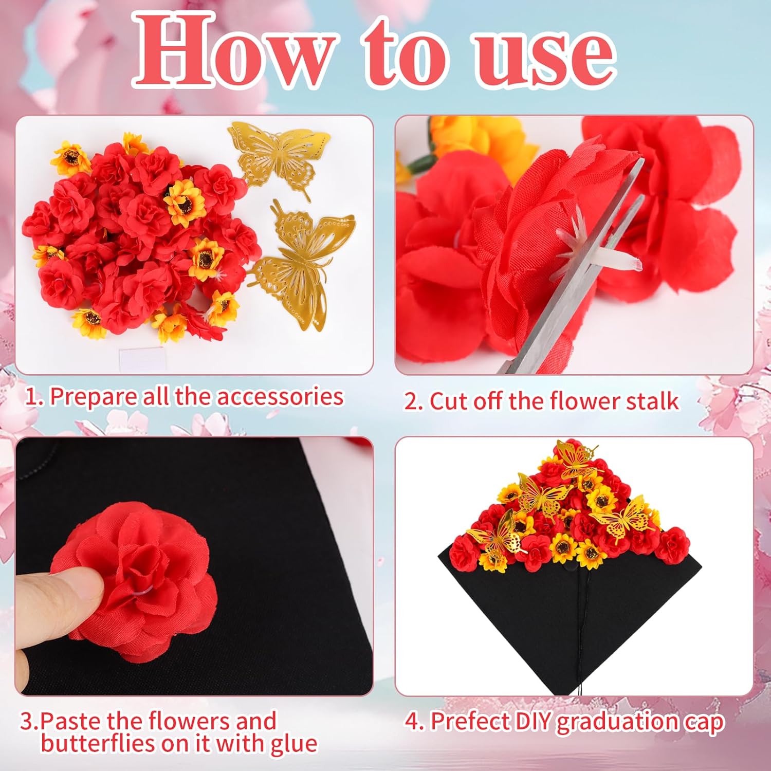 Graduation Cap Decoration Accessories,Faux Rose Sunflower 3D Butterfly Grad Hat Decor For 2025 Graduation Cap Topper Decoration Supply