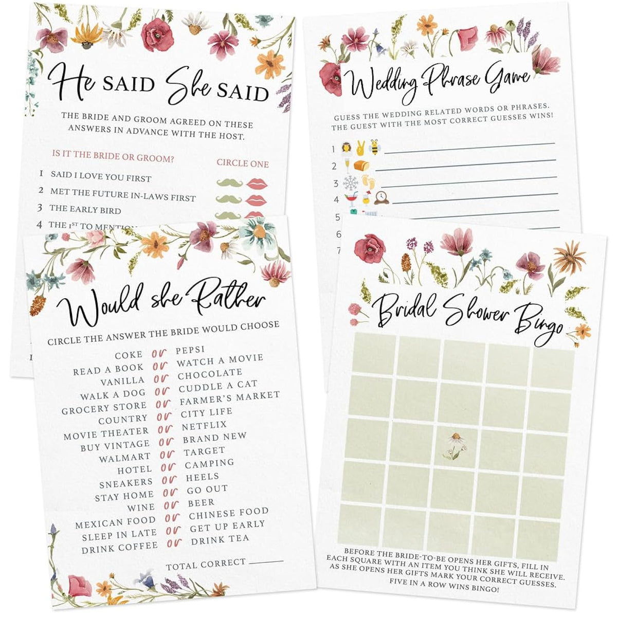 Bridal Shower Game Set – 4 Fun Games And Activities For 30 Guests, Includes Bingo, He Said She Said, Bride & Groom Trivia, And Wedding Phrase Guessing Game, Love In Bloom Wildflower Design