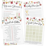 Bridal Shower Game Set – 4 Fun Games And Activities For 30 Guests, Includes Bingo, He Said She Said, Bride & Groom Trivia, And Wedding Phrase Guessing Game, Love In Bloom Wildflower Design