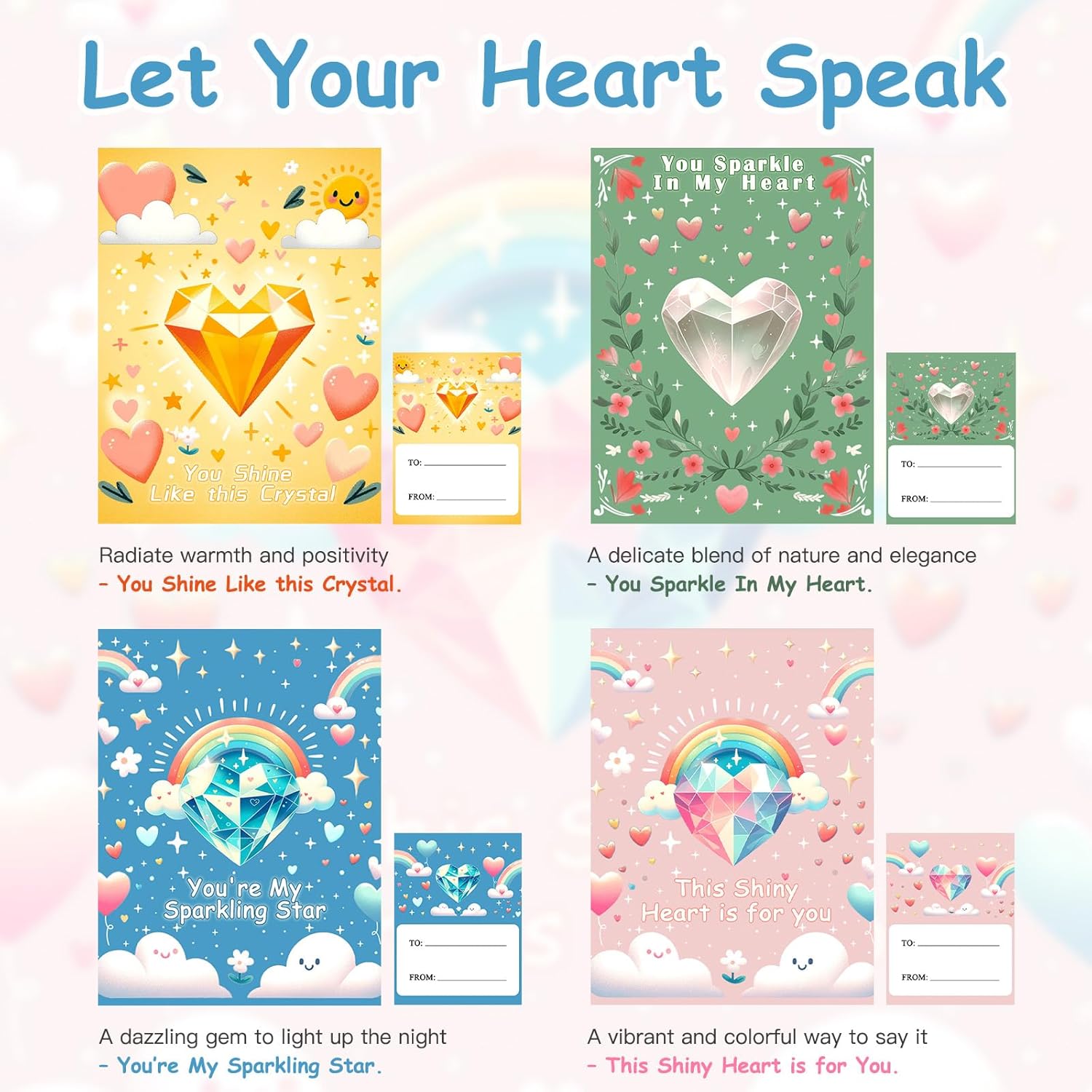 Valentines Day Cards For Kids School, 24 Sets Natural Heart Gemstone Crystal Kids Valentines Cards, Valentines Day Gifts For Kids Classroom, Valentines Cards For Boy Girl (Crystal Cards 1)