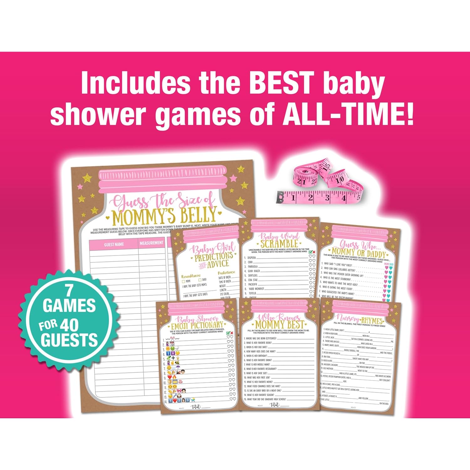 Baby Shower Games For Girl - 7 Games Instant Fun - Baby Prediction Cards, Guess Who Mommy Or Daddy, Word Scramble, Advice Cards, Pictionary, How Big Is Mommys Belly, Mason Jar Design