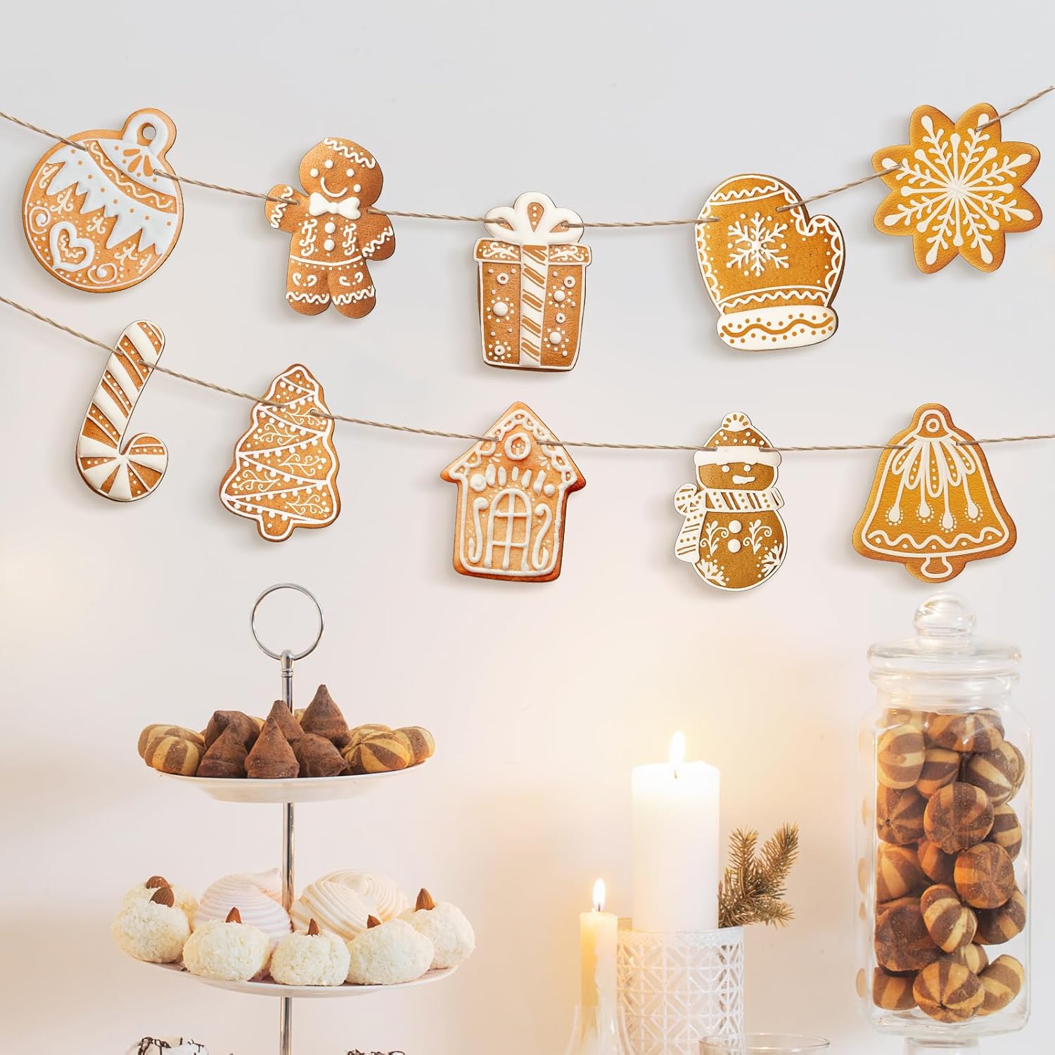 2 Pack Christmas Gingerbread Decorations Wooden Gingerbread Theme Garland Banner Hanging Tree Ornaments Christmas Bunting Banner For Party Holiday Wall Home Fireplace(Classic Style,Brown)