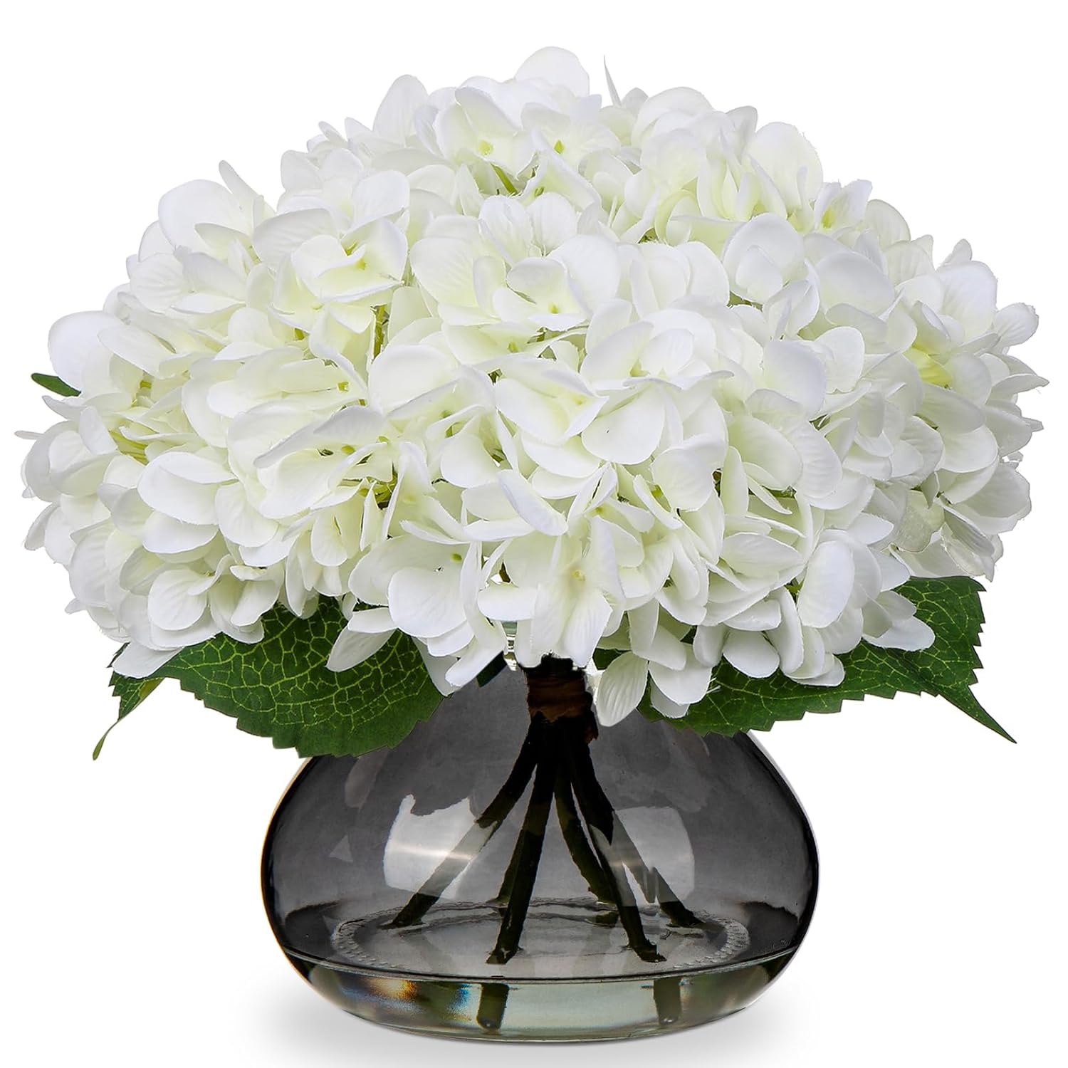 Hydrangea Artificial Flowers With Glass Vase White Silk Faux Flowers Arrangements With Faux Water Fake Floral Bulk Bouquet For Home Decor Table Centerpiece Decorations