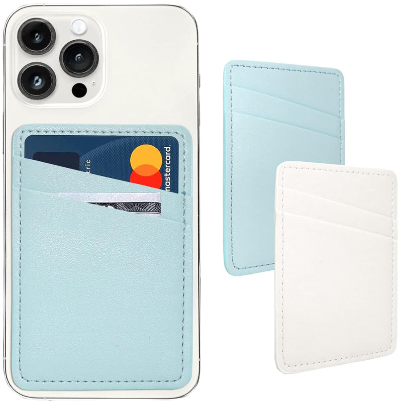 Leather Phone Card Holder Wallet, Dual Pocket Stick On - White & Blue