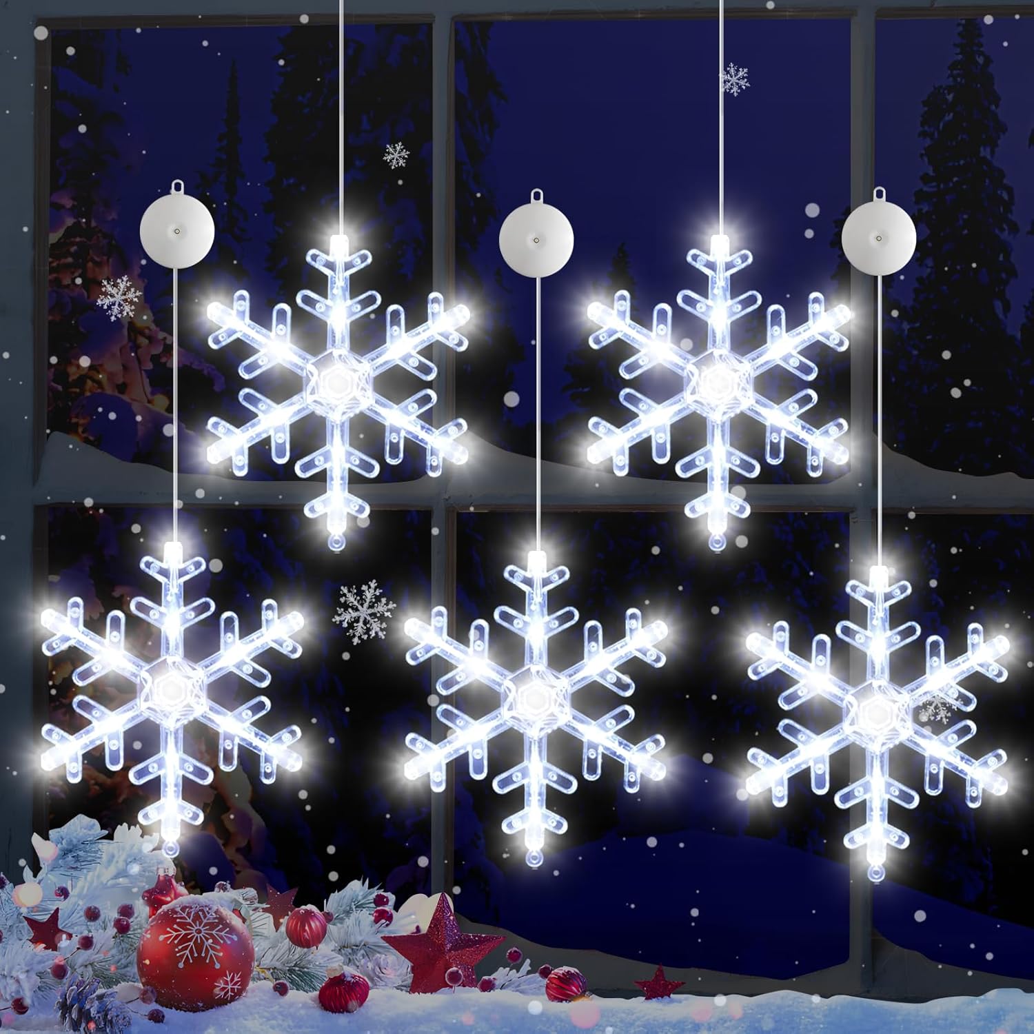 5Pcs Christmas Window Lights Decorations With Timer,Battery Powered Christmas Hanging White Lighted Snowflake Shaped Led