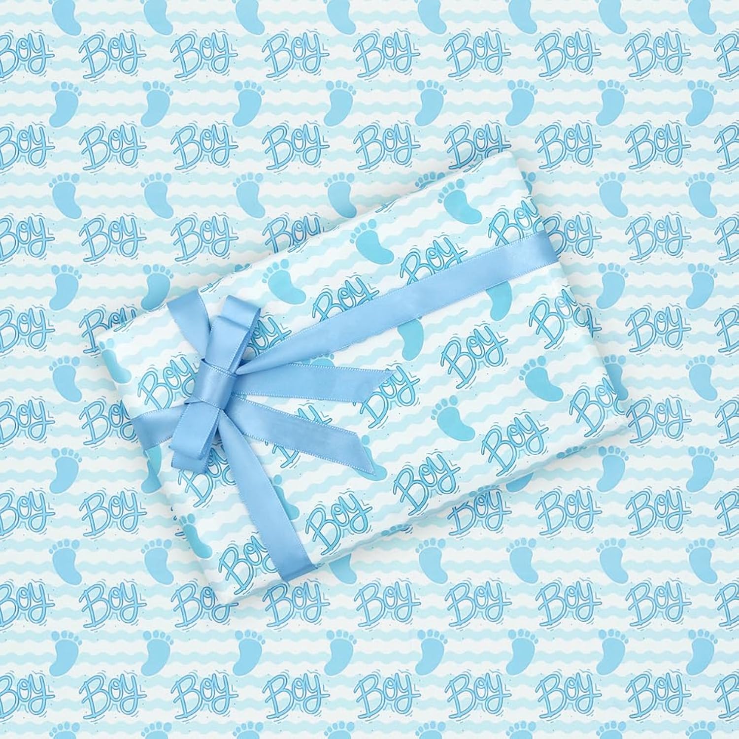 Baby Shower Wrapping Paper Boy, Blue Footprints Boy Baby Shower Wrap Paper Folded Flat 19.6X27.5 Inches Per Sheet With Ribbon Set For Newborn Infant Kids Birthday Holiday Celebration Party Gift Wrap