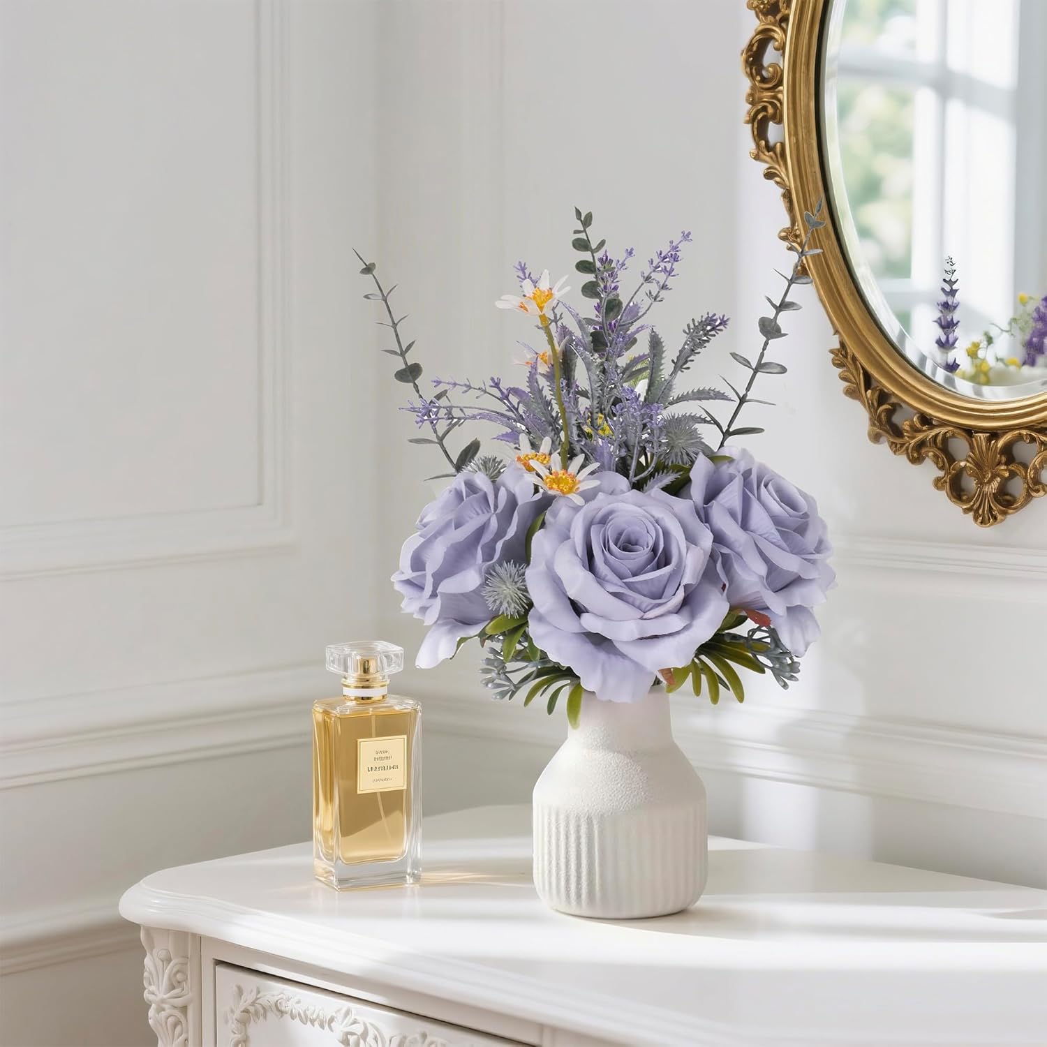 Artificial Flowers In Vase, Silk Roses Flowers Artificial Eucalyptus Lavenders Small Daisies And Fake Plants In White Ceramic Vase, Rustic Farmhouse Floral Arrangements Décor, Plants For Living Room