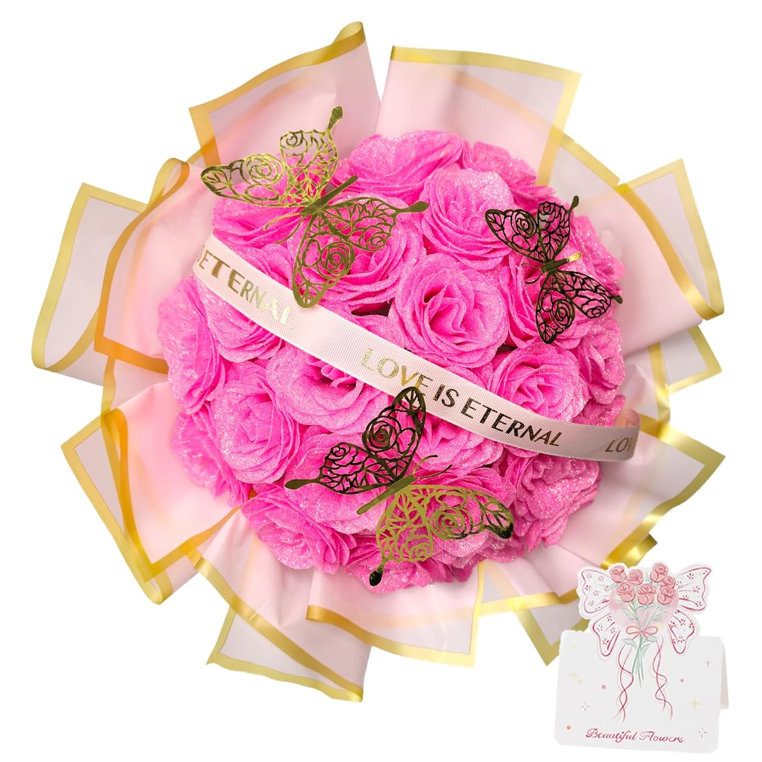 Pink Glitter Roses Gift For Her, Diy Artificial Rose Butterfly Flowers Bouquet Rose Gifts For Mothers Day Valentine Anniversary Birthday Gift For Women Wedding Decoration