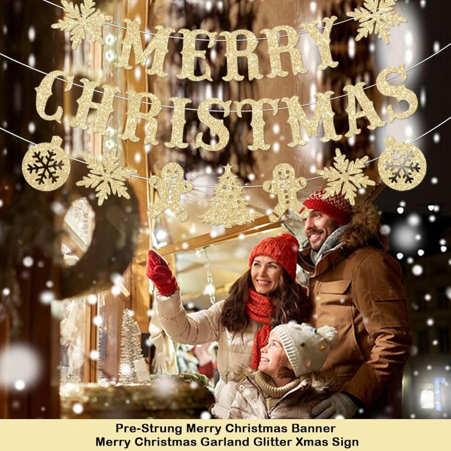 Pre-Strung Gold Glitter "Merry Christmas" Banner No-DIY Holiday Party Garland