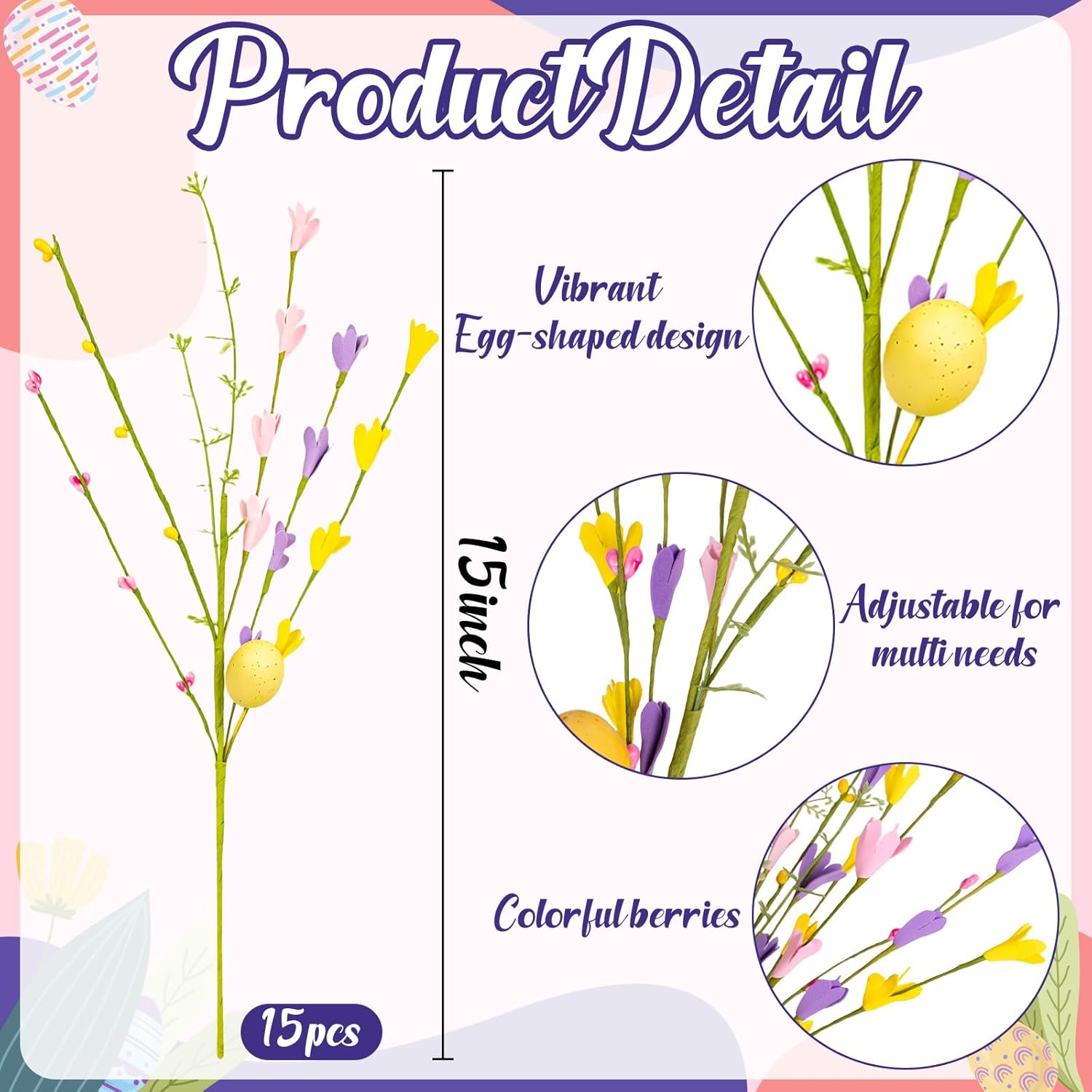 15Pcs Easter Decorations Egg Picks - Spring Artificial Floral Stems Decor Flowers Arrangement For Home Vase Table Centerpiece