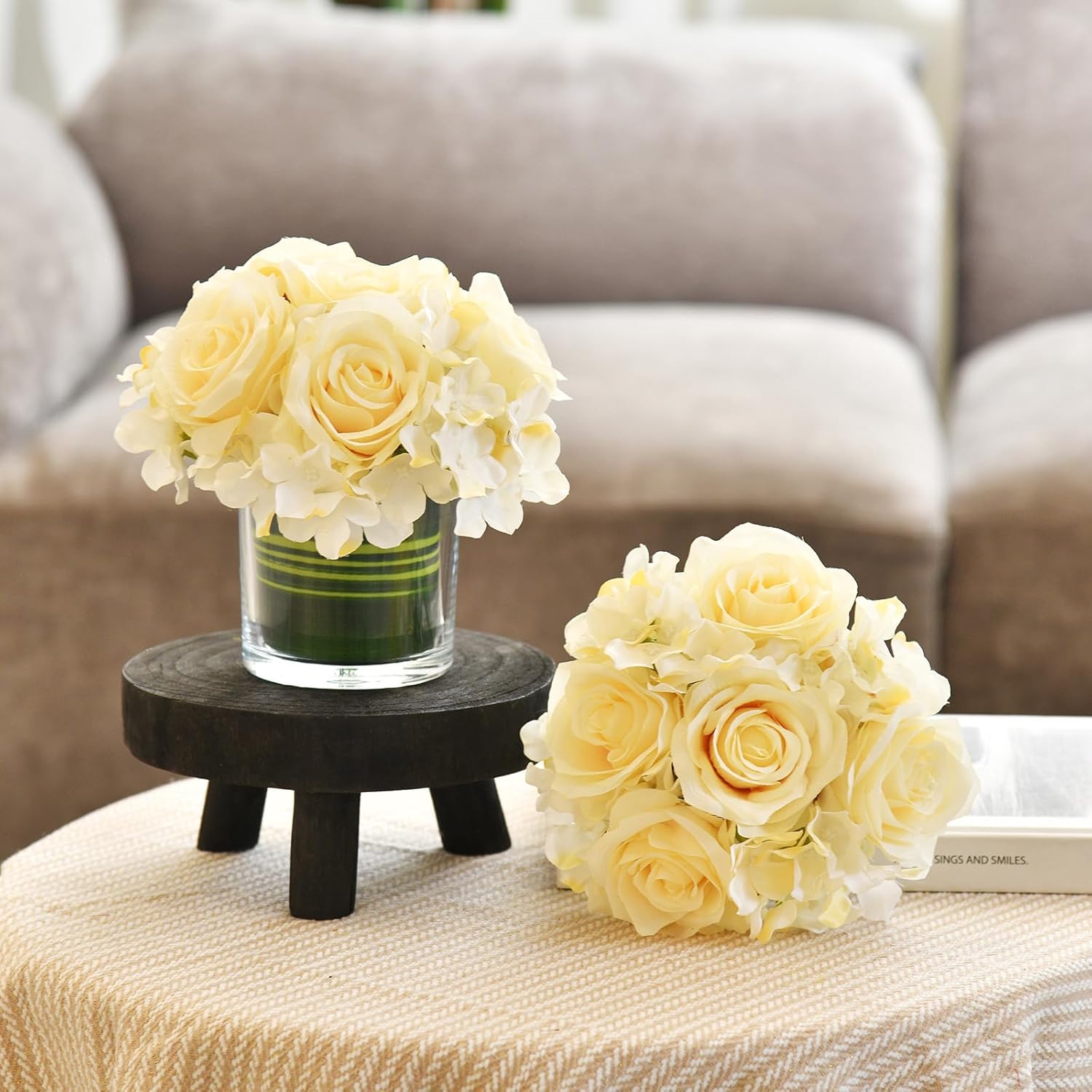 Artificial Rose And Hydrangea Silk Flower Centerpieces Faux Floral Arrangement In Glass Vase For Home Wedding Table Decoration (Champagne)