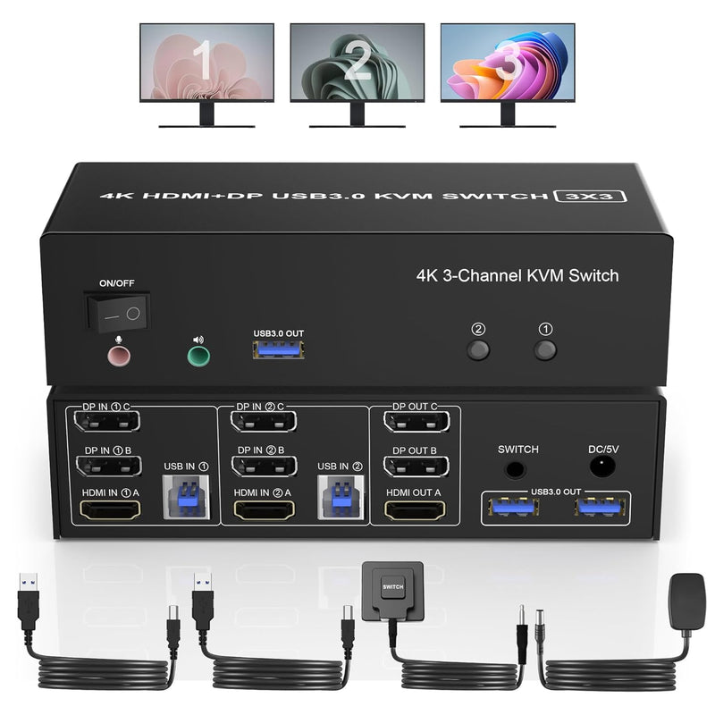 Hdmi + 2 Displayport Usb 3.0 Kvm Switch Triple Monitor For 2 Computers, 4K@60H