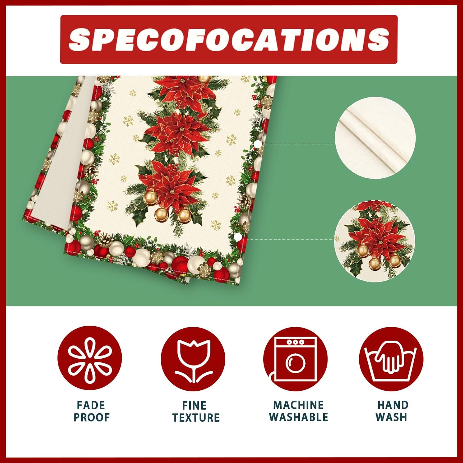 Christmas Poinsettias Leaves Bells Snowflakes Winter Xmas Table Runner Table Decoration For Home Kitchen Dining Holiday Decor 13X72 Inch