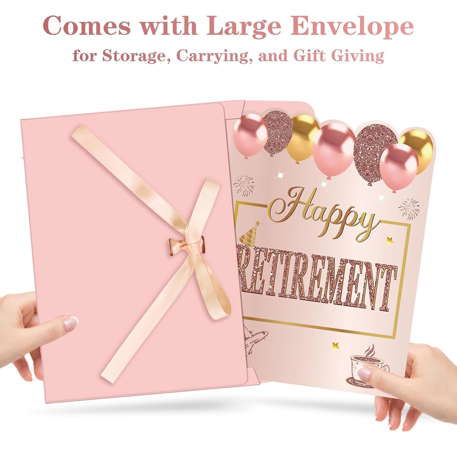 Happy Retirement Party Decorations Card For Women, Pink Rose Gold Large Retirement Card With Envelope, Jumbo Happy Retired Guest Book Greeting Card, Giant Farewell Retired Card Gifts