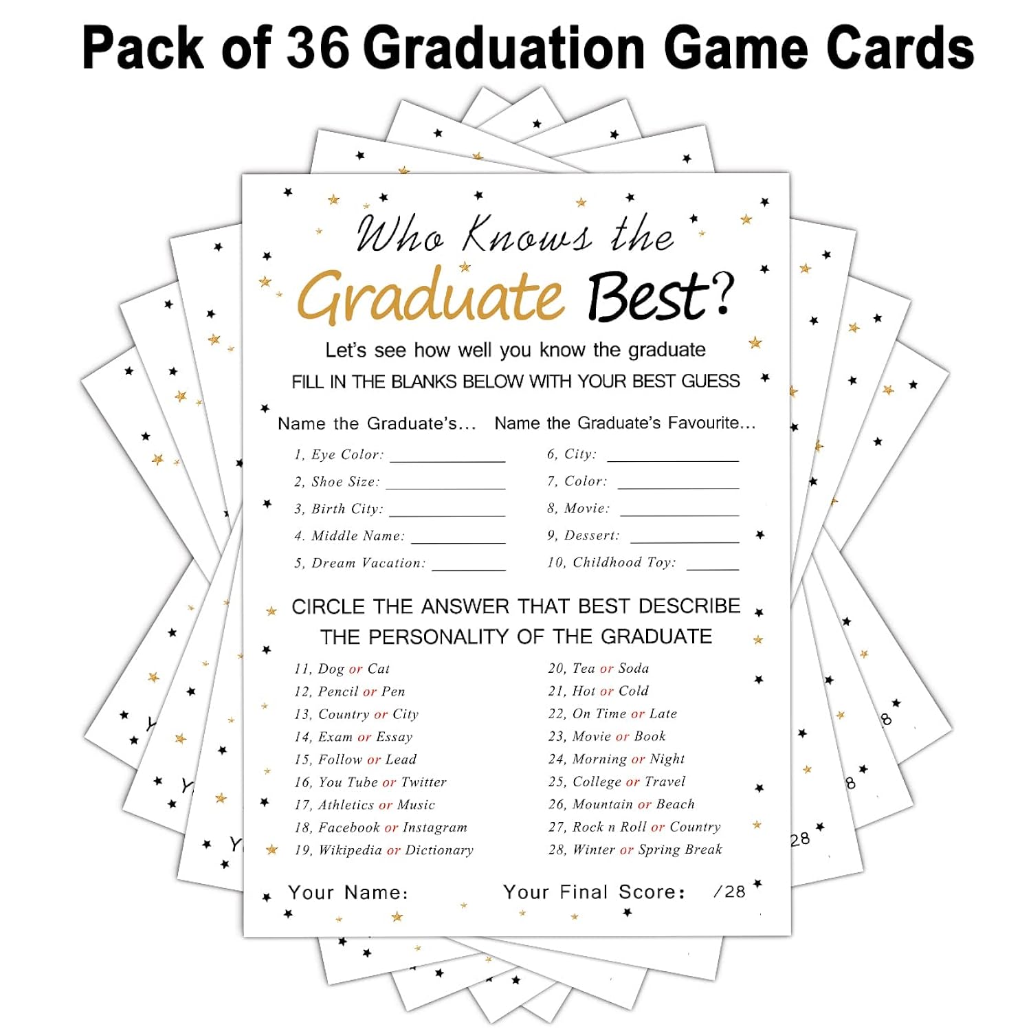 Graduation Party Game Cards - Who Knows The Graduate Best (36-Pack)- Graduation Party Collection Grad Celebration Party Supplies For High School/College/Senior School